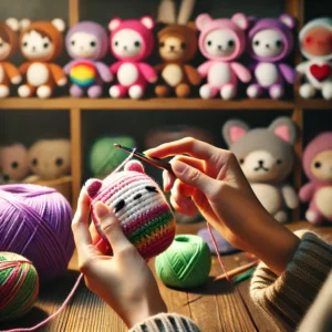 artesão trabalhando em um amigurumi, com as mãos segurando uma agulha de crochê e um novelo de lã colorida. Ao fundo, vários amigurumis finalizados estão expostos em uma prateleira, criando um ambiente aconchegante e criativo