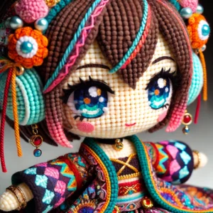 amigurumi estilizado como um personagem de anime, com grandes olhos brilhantes e cabelo curto e colorido, além de um traje detalhado que reflete o estilo dos personagens de anime