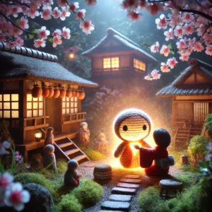 uma menina em uma pacífica vila japonesa, criando um amigurumi mágico que emana uma aura brilhante