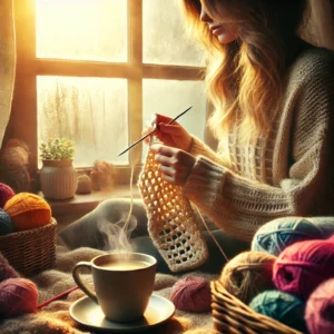 A-cozy-scene-of-a-crocheter-sitting-by-a-window-with-a-cup-of-coffee-yarn-and-crochet-hooks-nearby.-The-sunlight-filters-through-the-window-illumin.webp