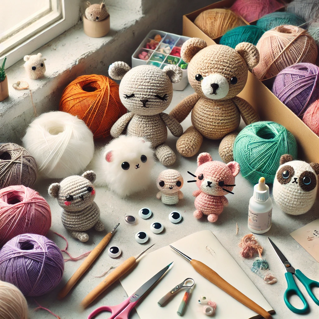 -A-cozy-and-detailed-scene-showing-various-materials-used-for-amigurumi-crochet.-The-image-includes-colorful-yarn-balls-crochet-hooks-fiber-filling-.webp