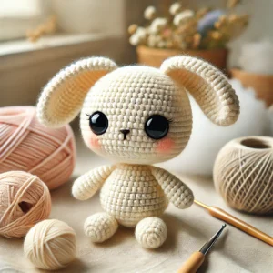 iniciantes a crochet bunny doll next to yarn balls 